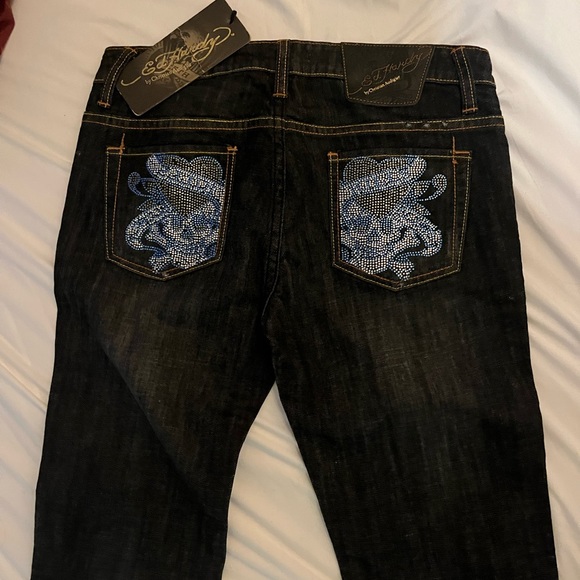 Ed Hardy Rare Crystal Encrusted Love Kills Slowly Skull Bootcut Jeans Sz. 29 NWT - Picture 10 of 14